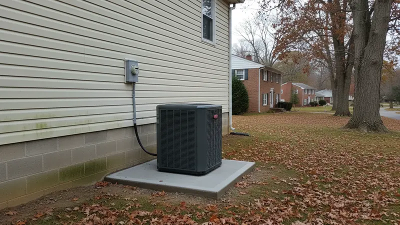 A heat pump on its pad, with the electrical disconnect mounted within sight of the unit — two of the things an inspector checks first HVAC work in Loudoun County, VA.